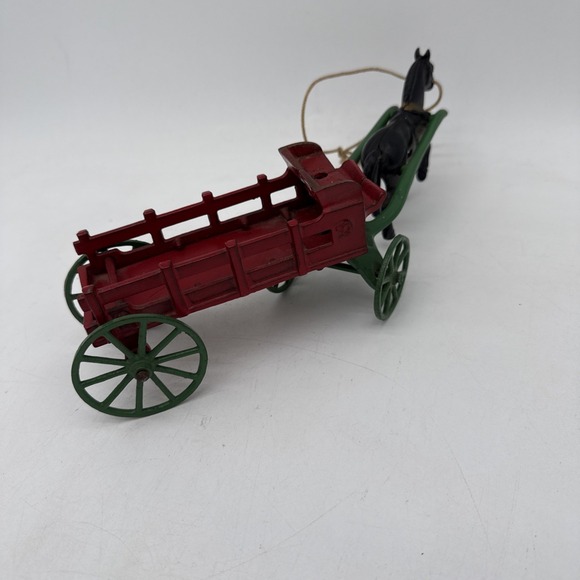 Vintage Cast Iron 1 Horse Wagon Missing Rider Black Horse Red Wagon - Picture 6 of 11